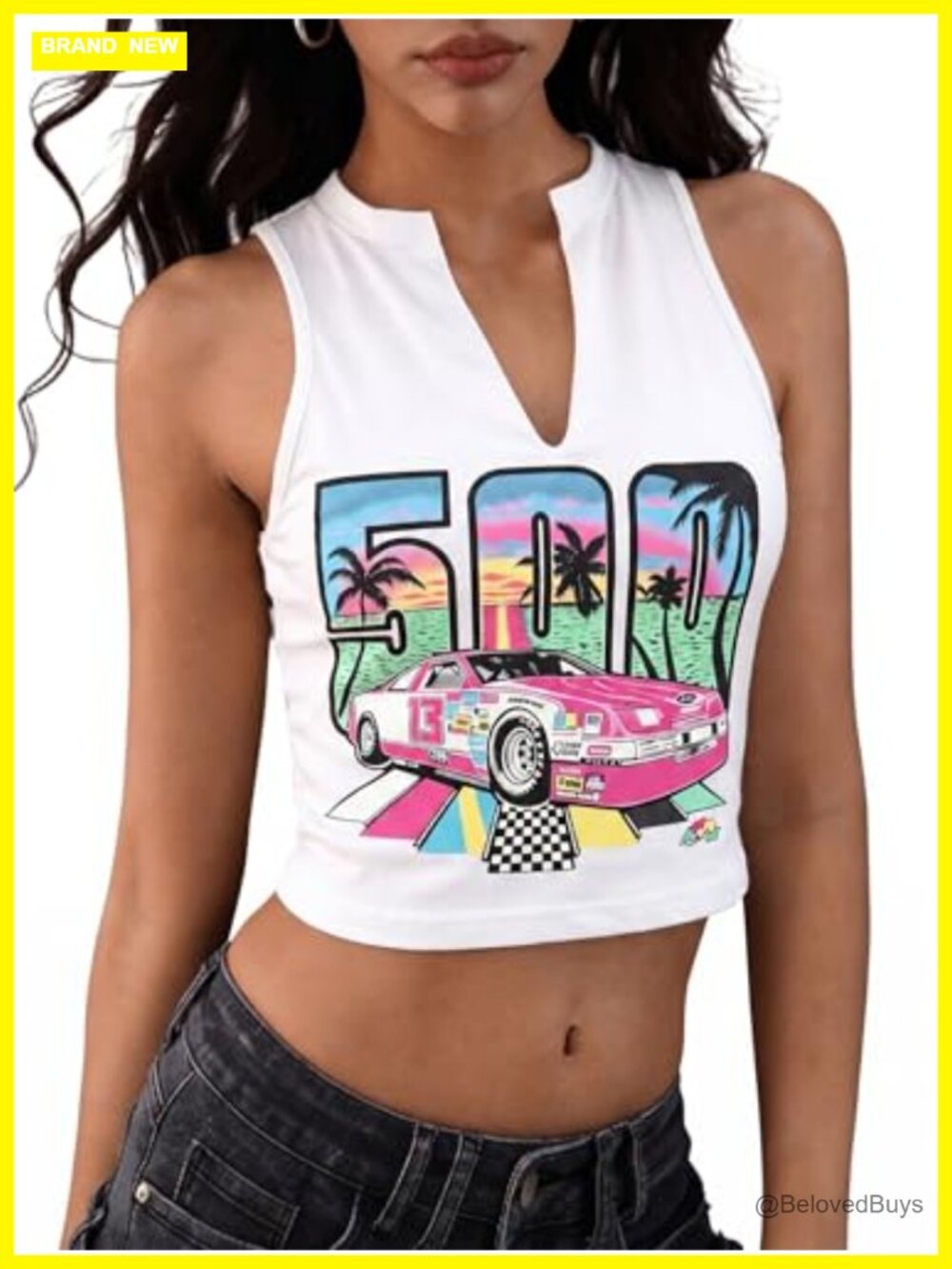 Notched V Neck Crop Tank Top Sleeveless Pull On Streetwear